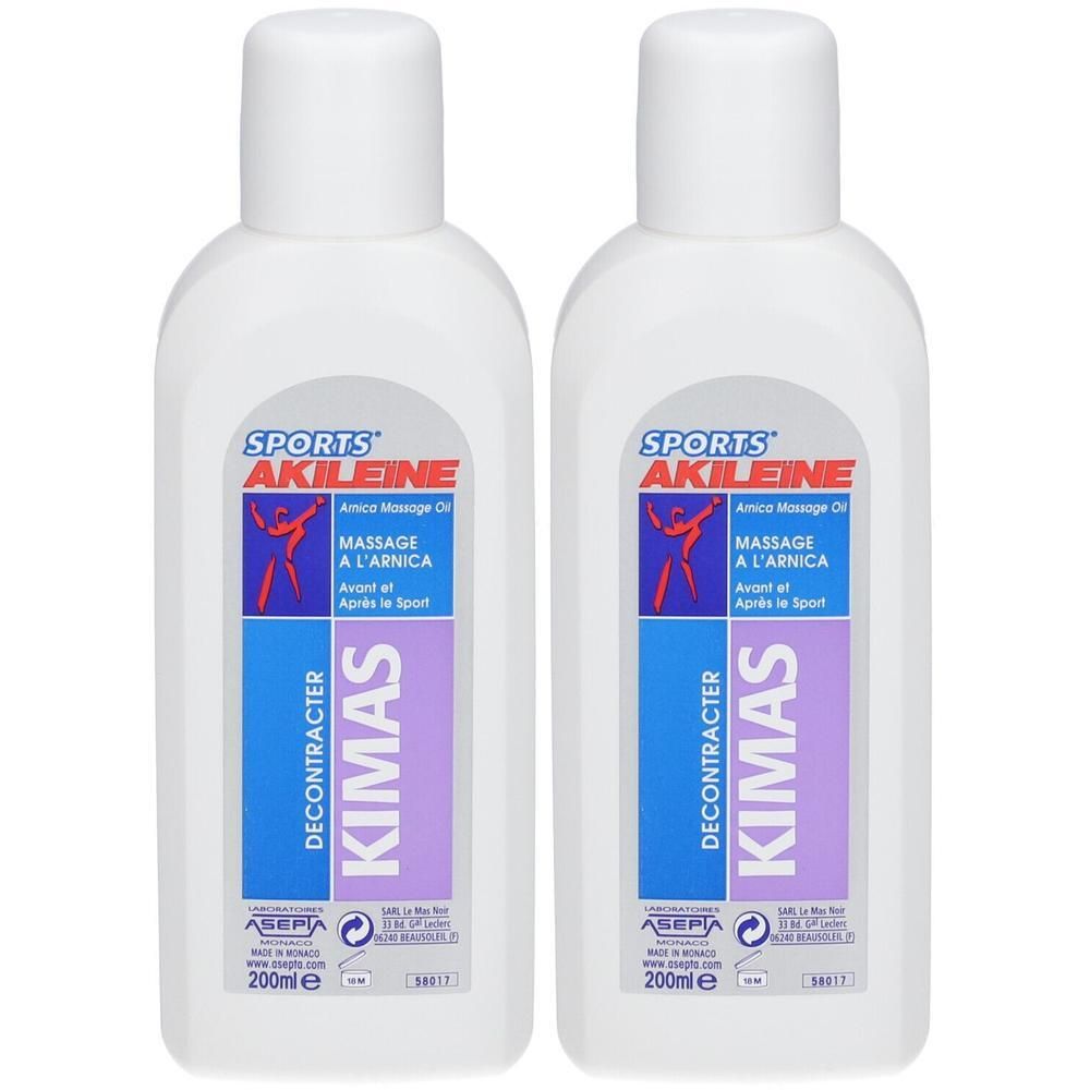 Deux flacons d'huile de massage Akileïne Sports Kimas à l'Arnica. 200ml.
