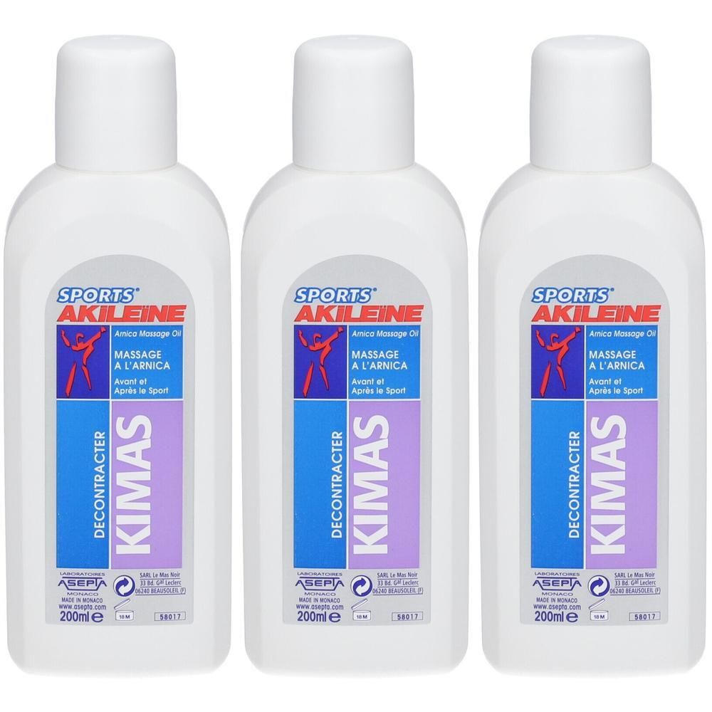 Drie witte flessen Akileïne Sports Kimas massageolie met Arnica. 200ml.