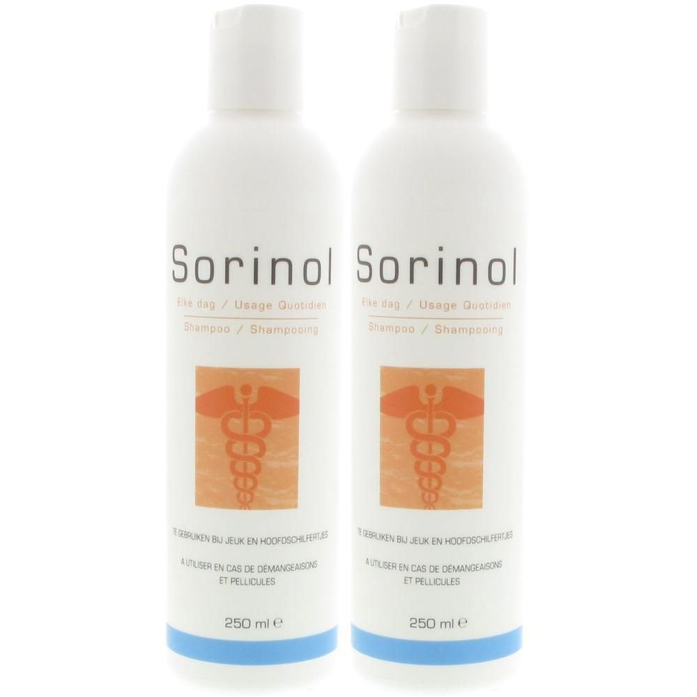Twee witte flessen Sorinol Shampoo, elk 250 ml, met medisch symbool.