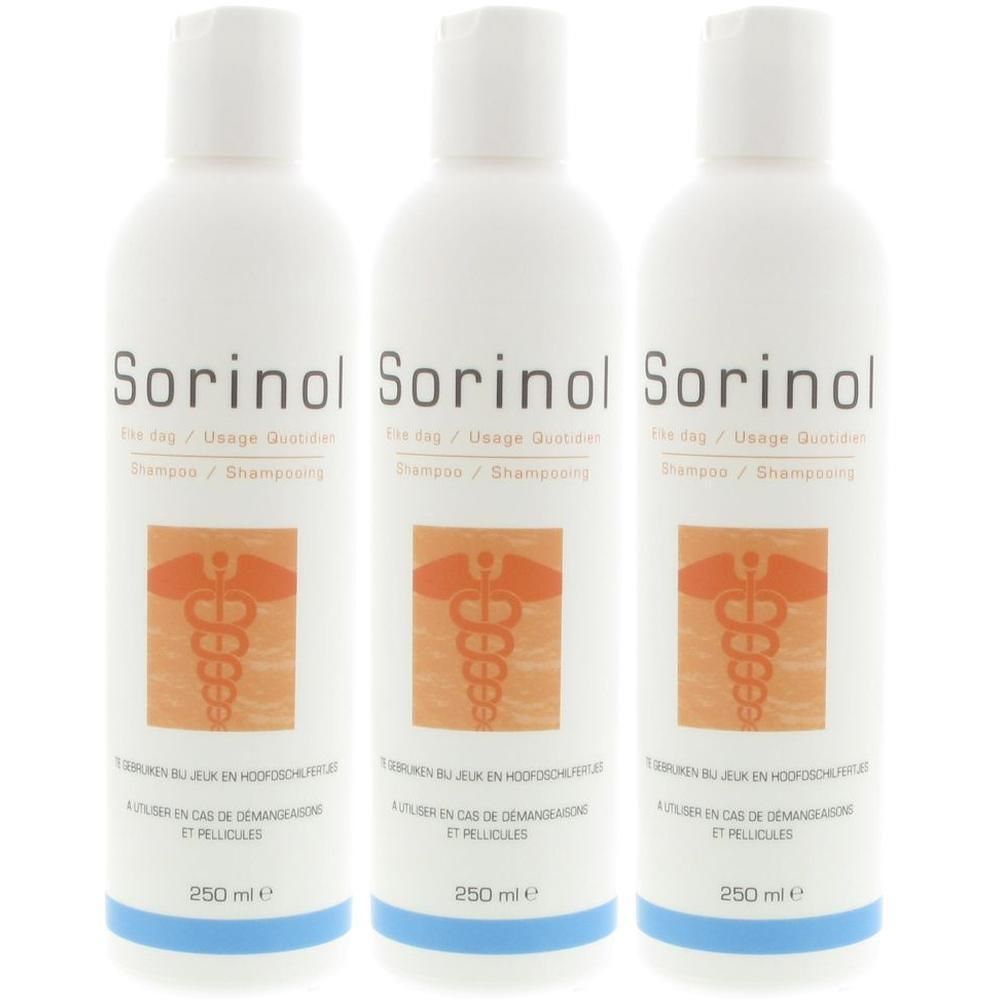 Drie witte flessen Sorinol Shampoo van elk 250 ml met een oranje Caduceus-symbool.