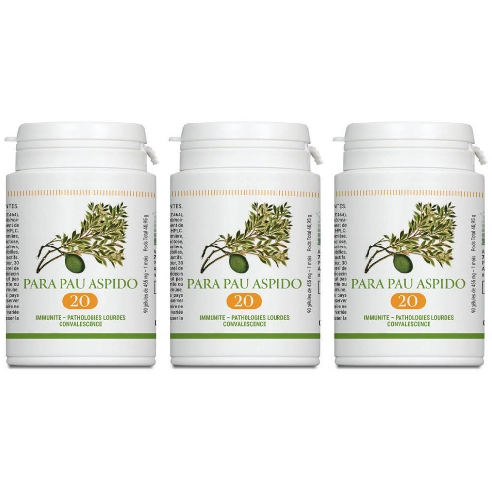 Trois flacons de Para Pau Aspido 20 microgranules, avec un design de branche d'olivier sur chaque.