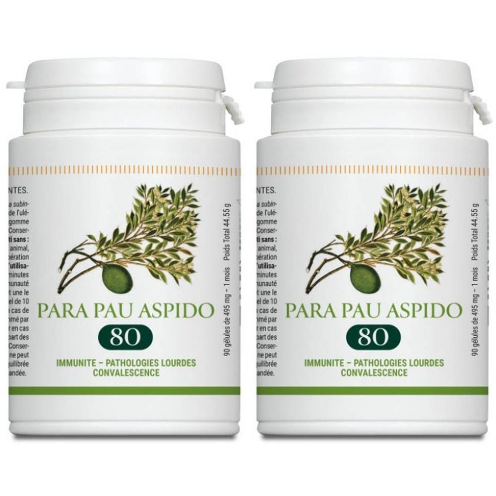 Deux flacons de Para Pau Aspido 80, avec illustration de branche d'olivier.