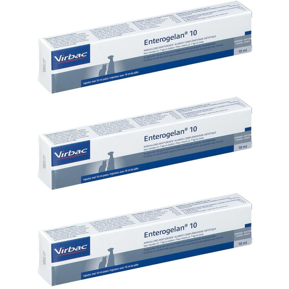 Trois boîtes de Virbac Enterogelan 10, seringues de 10 ml.
