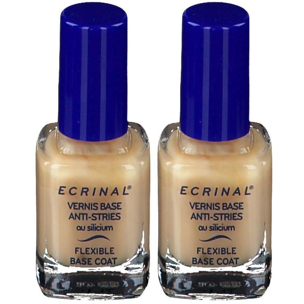 Deux flacons de vernis base Ecrinal avec bouchon bleu. Liquide clair légèrement teinté.