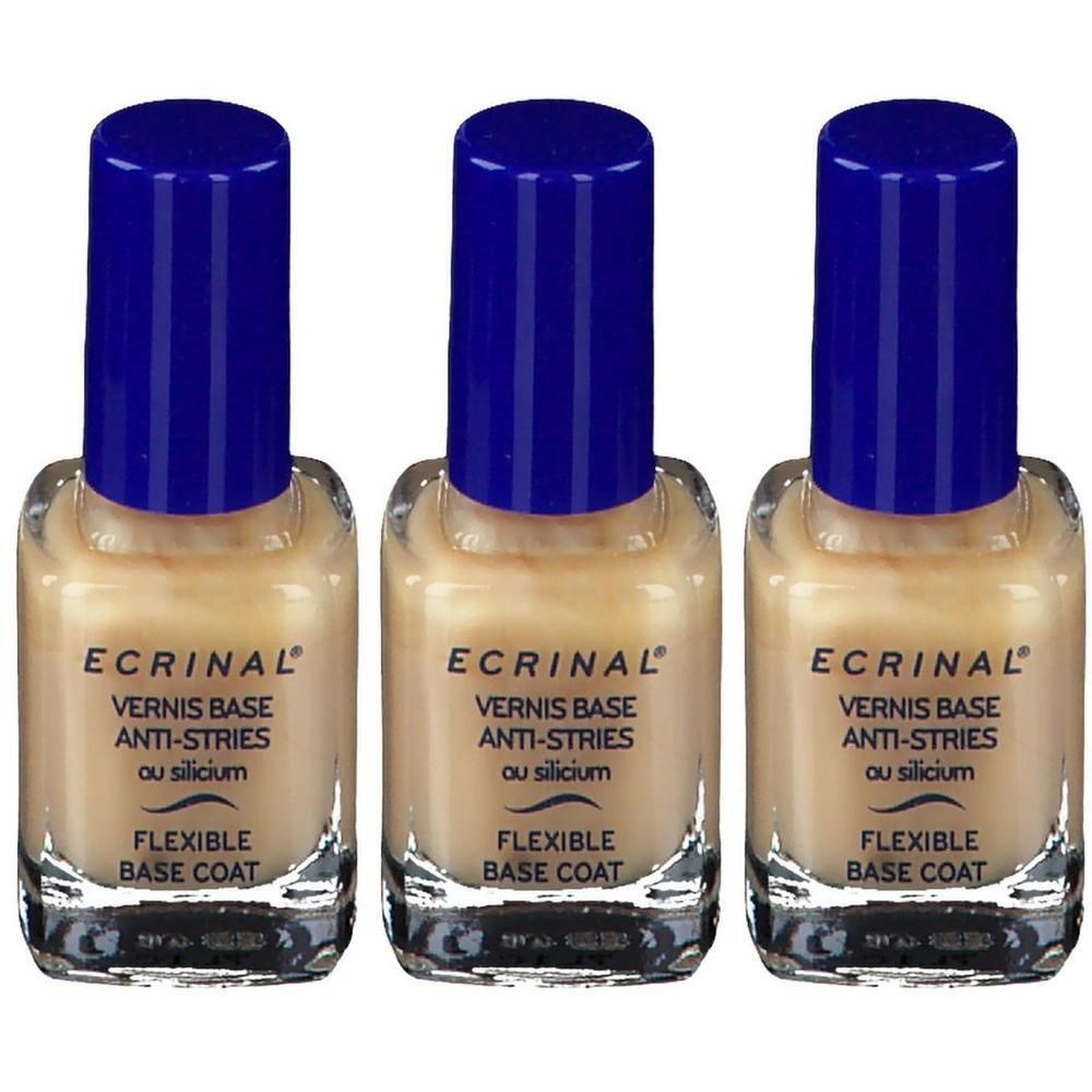 Drie flessen Ecrinal nagellakbasis met blauwe dop. Transparante flesjes met beige inhoud.