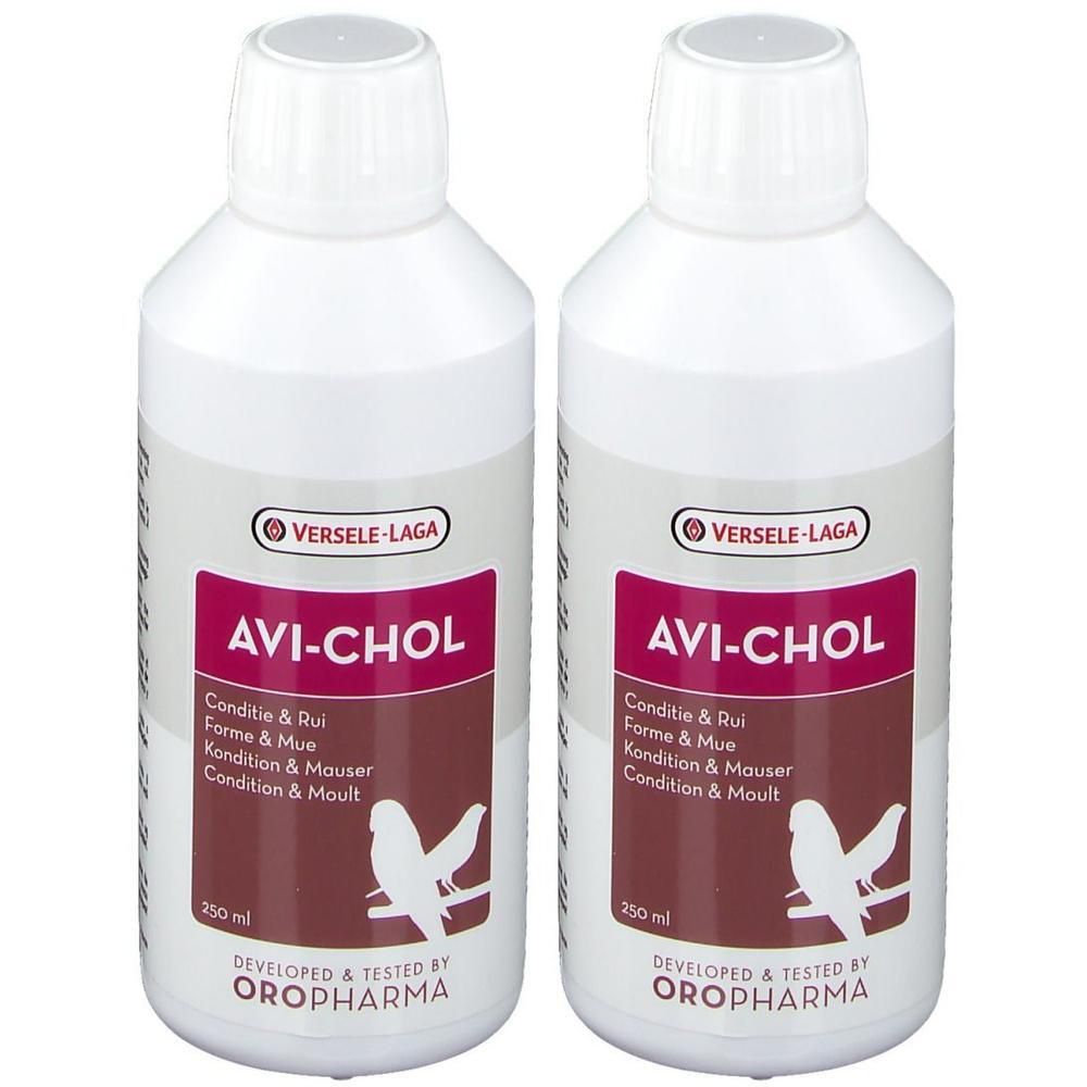 Twee flessen Avi-Chol van Oropharma. Witte flessen met rood etiket en vogelafbeelding.