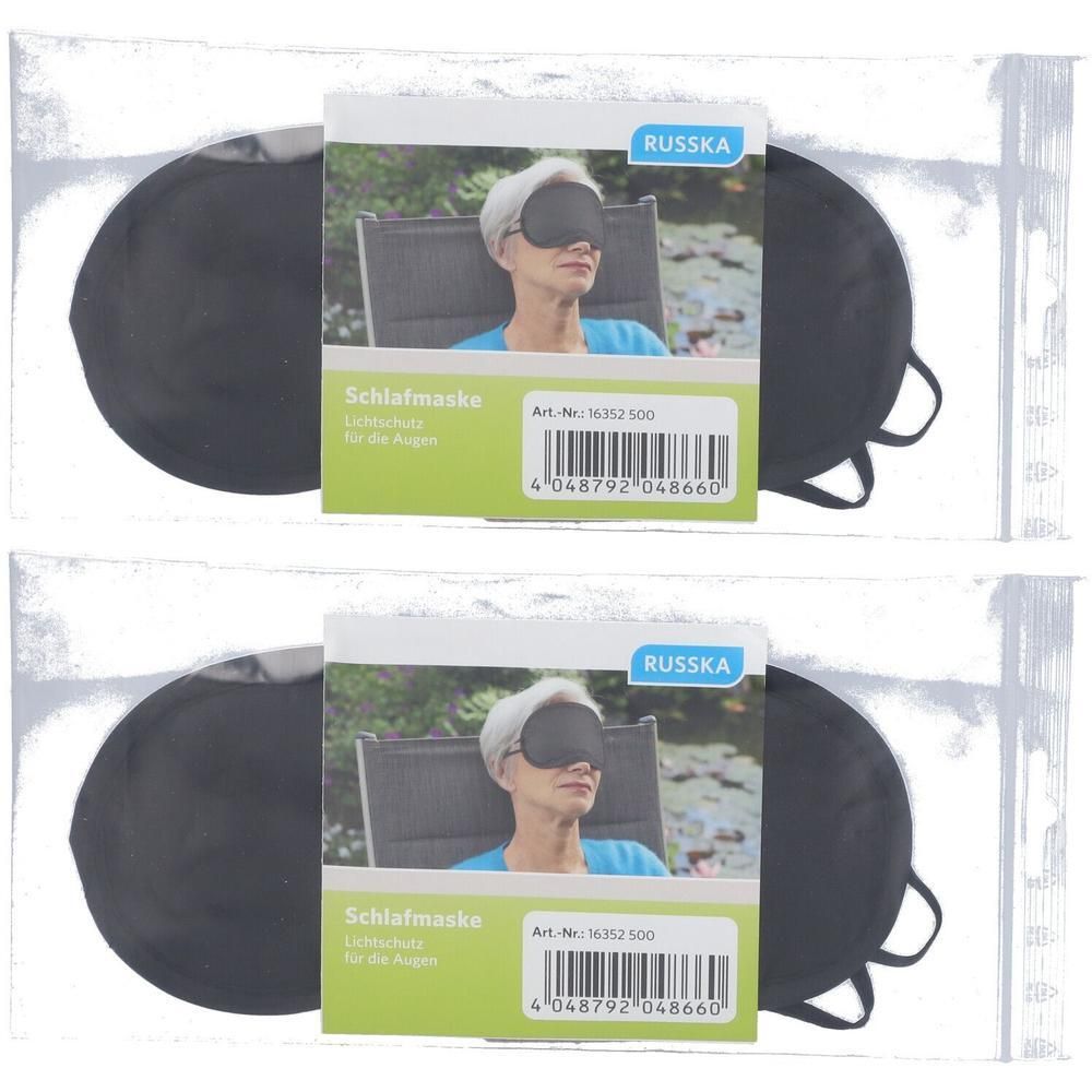 Deux masques de sommeil noirs avec des sangles, emballés avec des informations sur le produit.