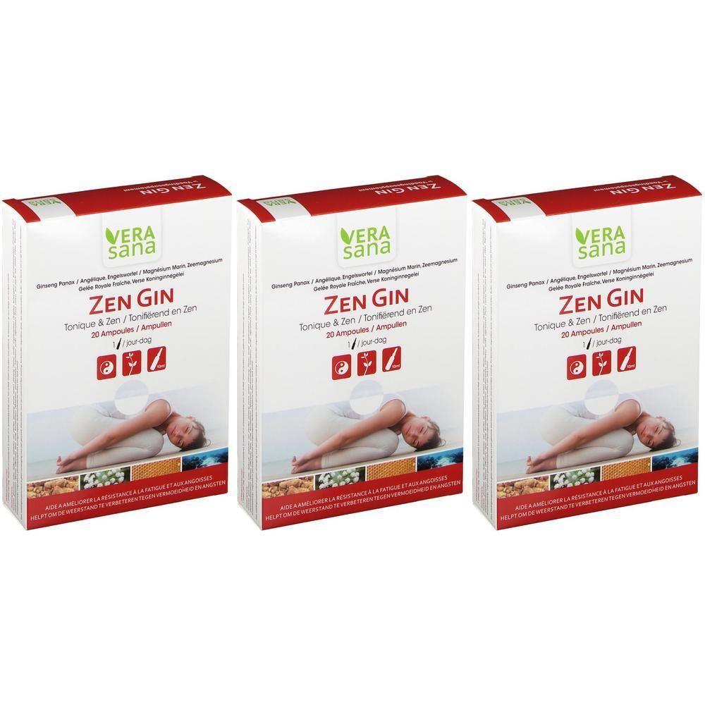 Trois boîtes de Zen Gin Tonique, 20 ampoules par boîte. Marque Vera Sana.