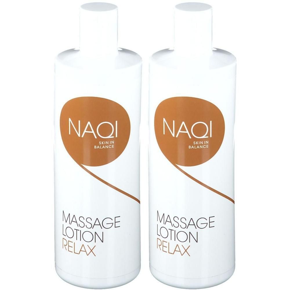 Twee witte flessen NAQI Massage Lotion Relax met bruin cirkelvormig logo en tekst.