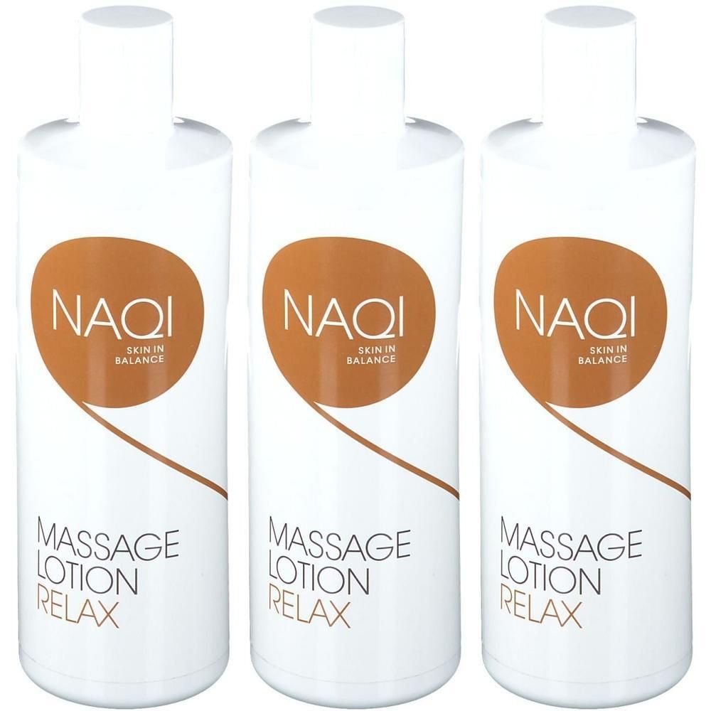 Trois bouteilles blanches de NAQI Massage Lotion Relax avec logo circulaire marron et texte.