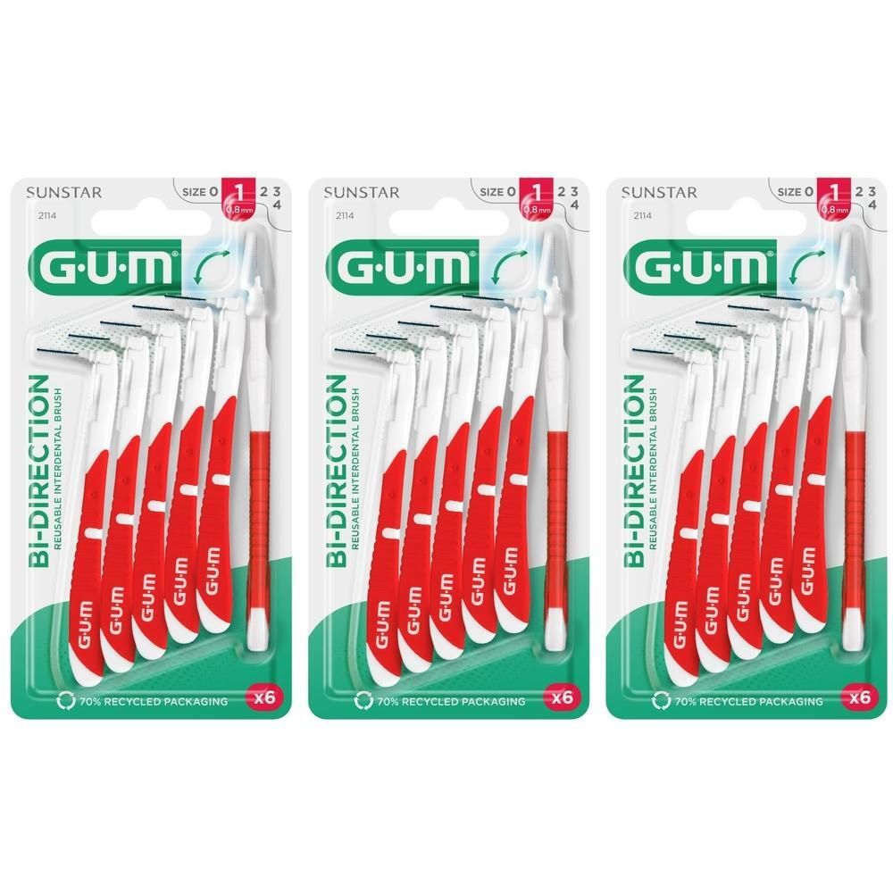 Drie pakken GUM Proxabrush Bi-Direction interdentale borstels, 6 stuks per pak, maat 1.