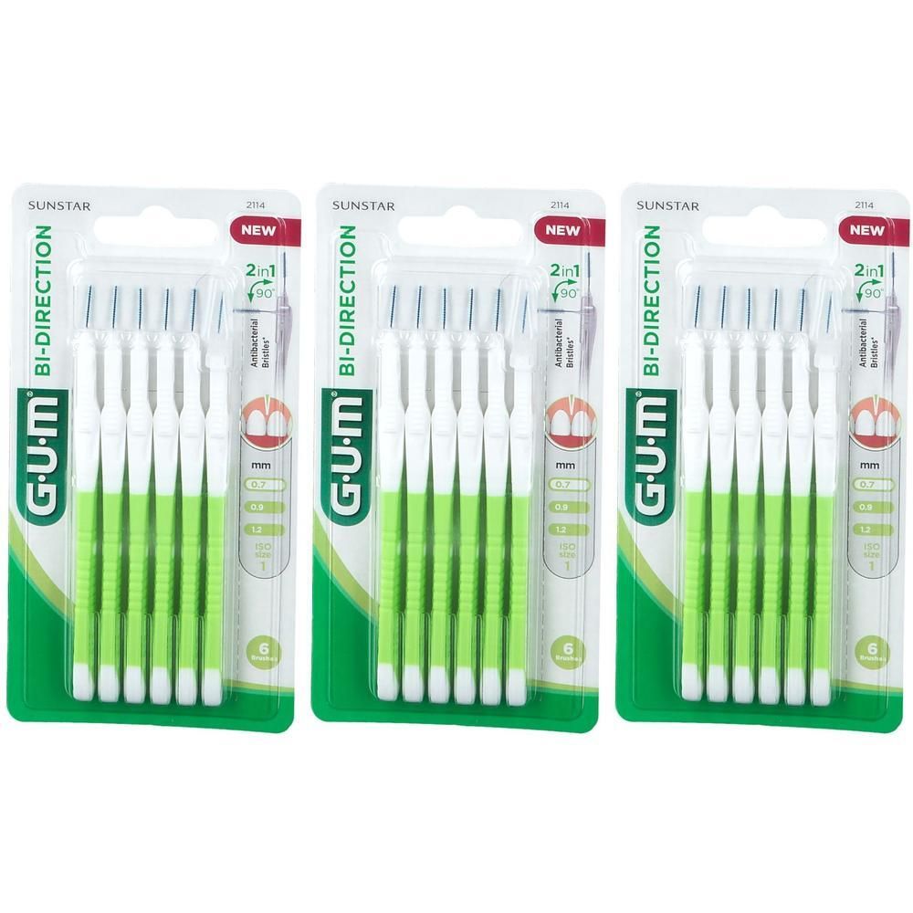 Trois paquets de GUM Proxabrush Bi-Direction, 6 brosses par paquet, taille 1.