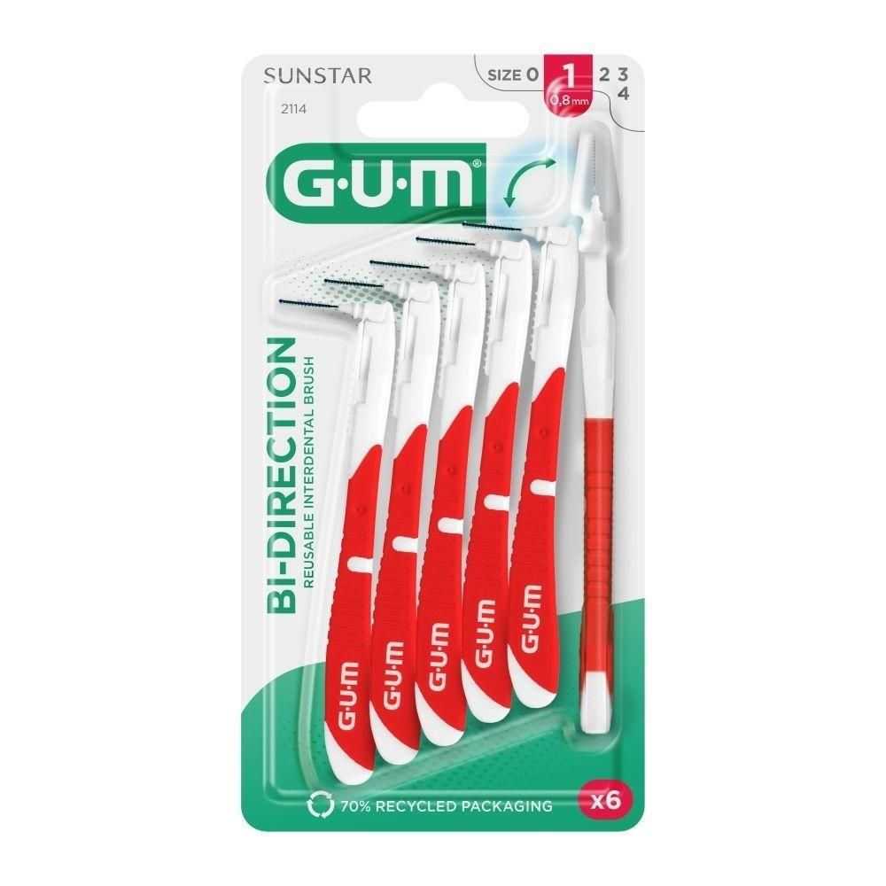 Emballage de 6 brosses interdentaires GUM Bi-Direction, taille 1 (0,8mm), rouge et blanc.