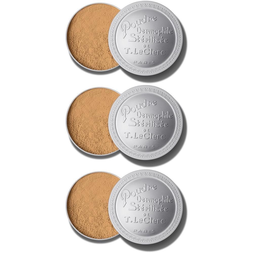 Drie open T. LeClerc Poudre Libre Dermophile 06 Cannelle potjes met bruin poeder.