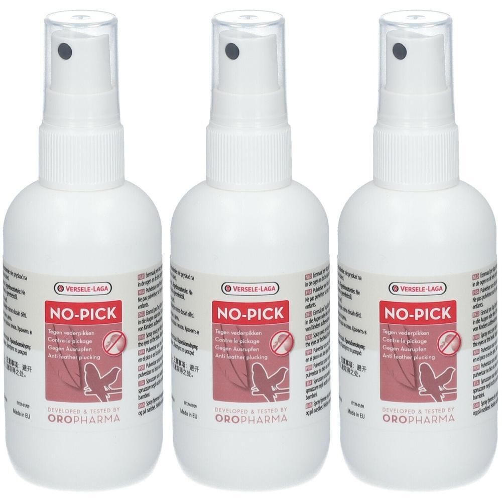 Drie witte spuitflessen met een rood etiket waarop "NO-PICK" staat. Ontwikkeld door OROPHARMA.