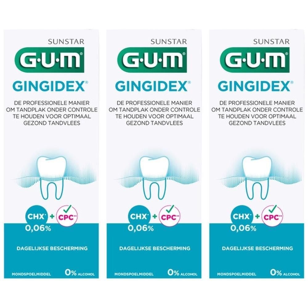 Trois paquets de bain de bouche GUM Gingidex avec illustration de dent et symbole CHX+CPC.