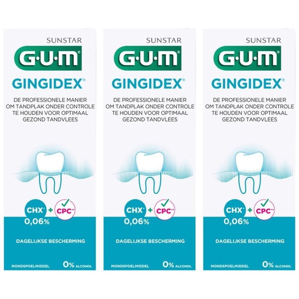 Drie pakken GUM Gingidex mondwater met tandillustratie en CHX+CPC-symbool.