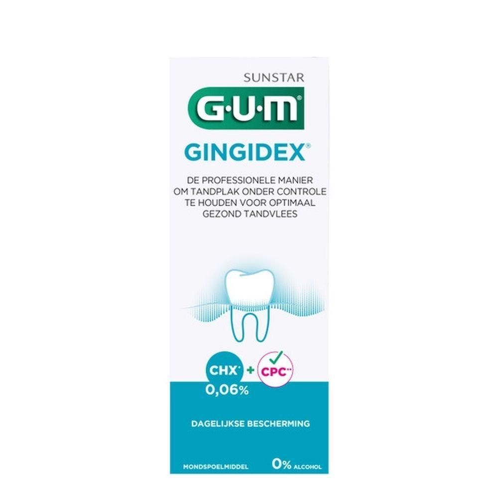 Bouteille de bain de bouche GUM Gingidex avec symbole de dent et texte.