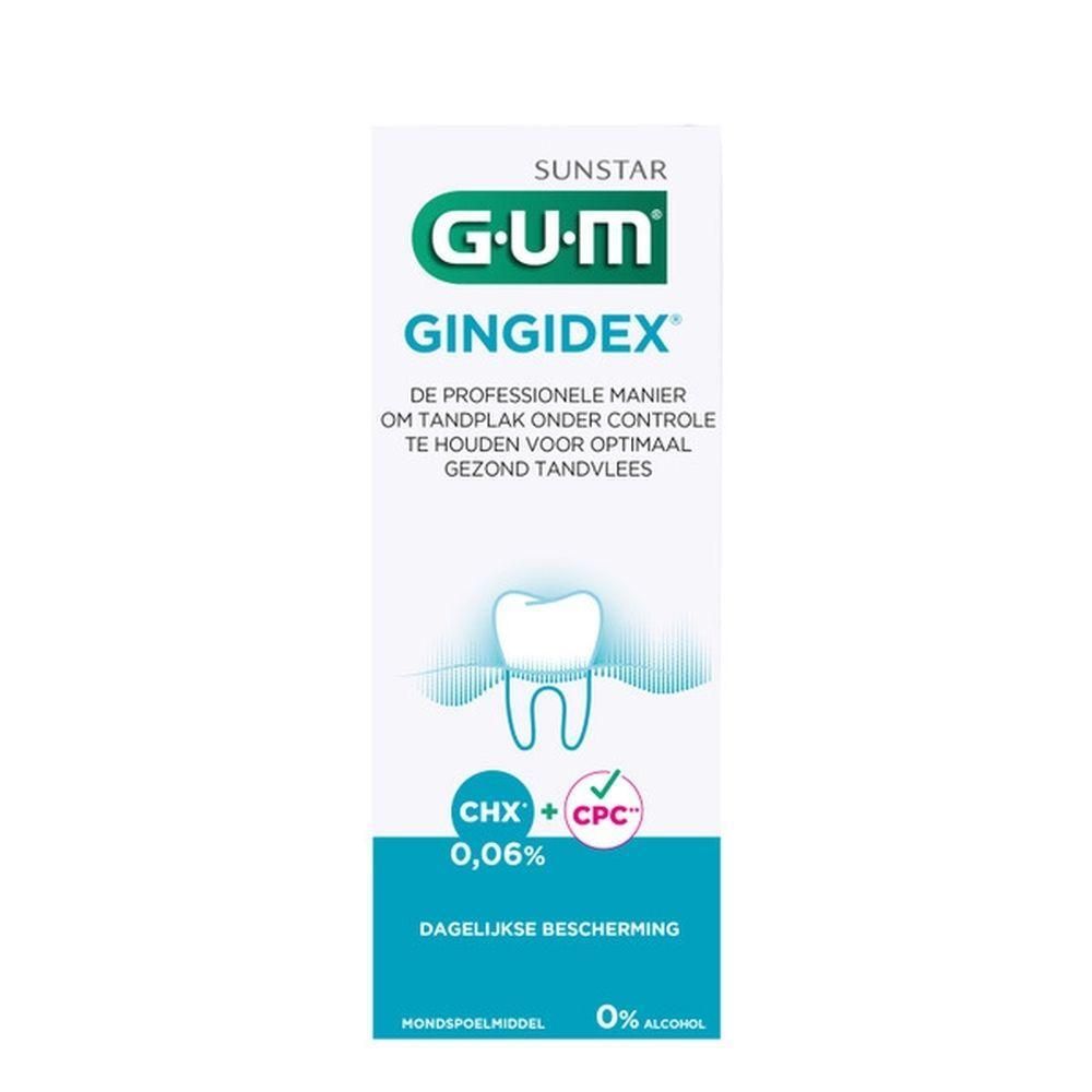Fles GUM Gingidex mondspoelmiddel met tand-icoon en tekst.