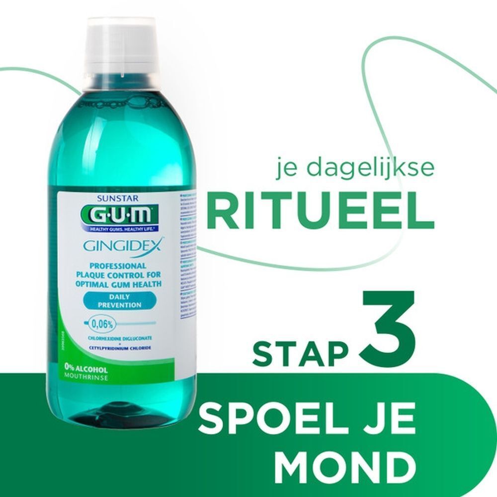 GUM Gingidex mondspoelmiddel in fles, deel van een dagelijks ritueel.
