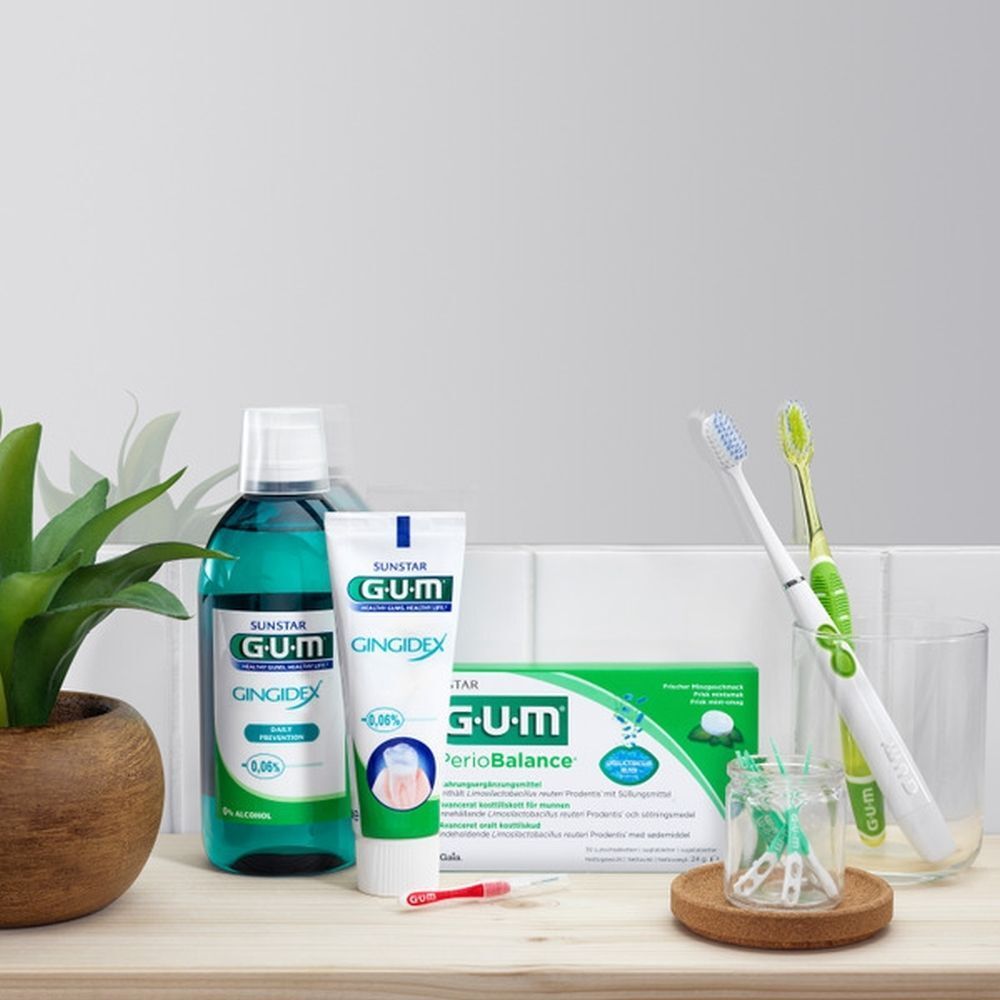 GUM Gingidex mondspoelmiddel, tandpasta, tandenborstels en interdentale borsteltjes.
