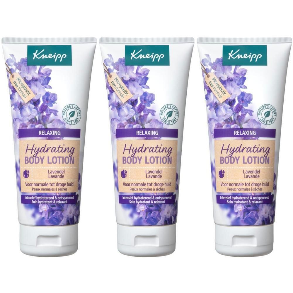 Drie tubes Kneipp Body Lotion Lavendel, hydraterend en ontspannend.