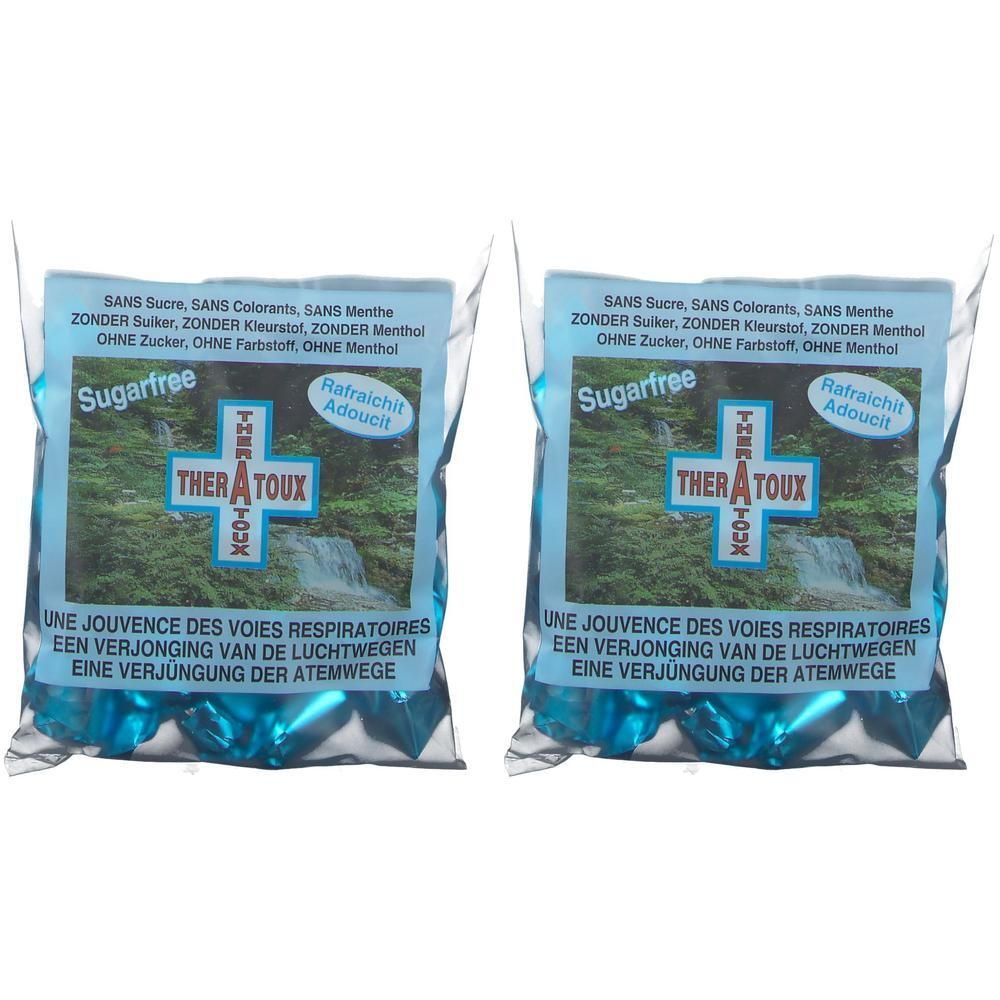Deux paquets de pastilles Theratoux sans sucre au menthol. Une scène de forêt avec une cascade est représentée.