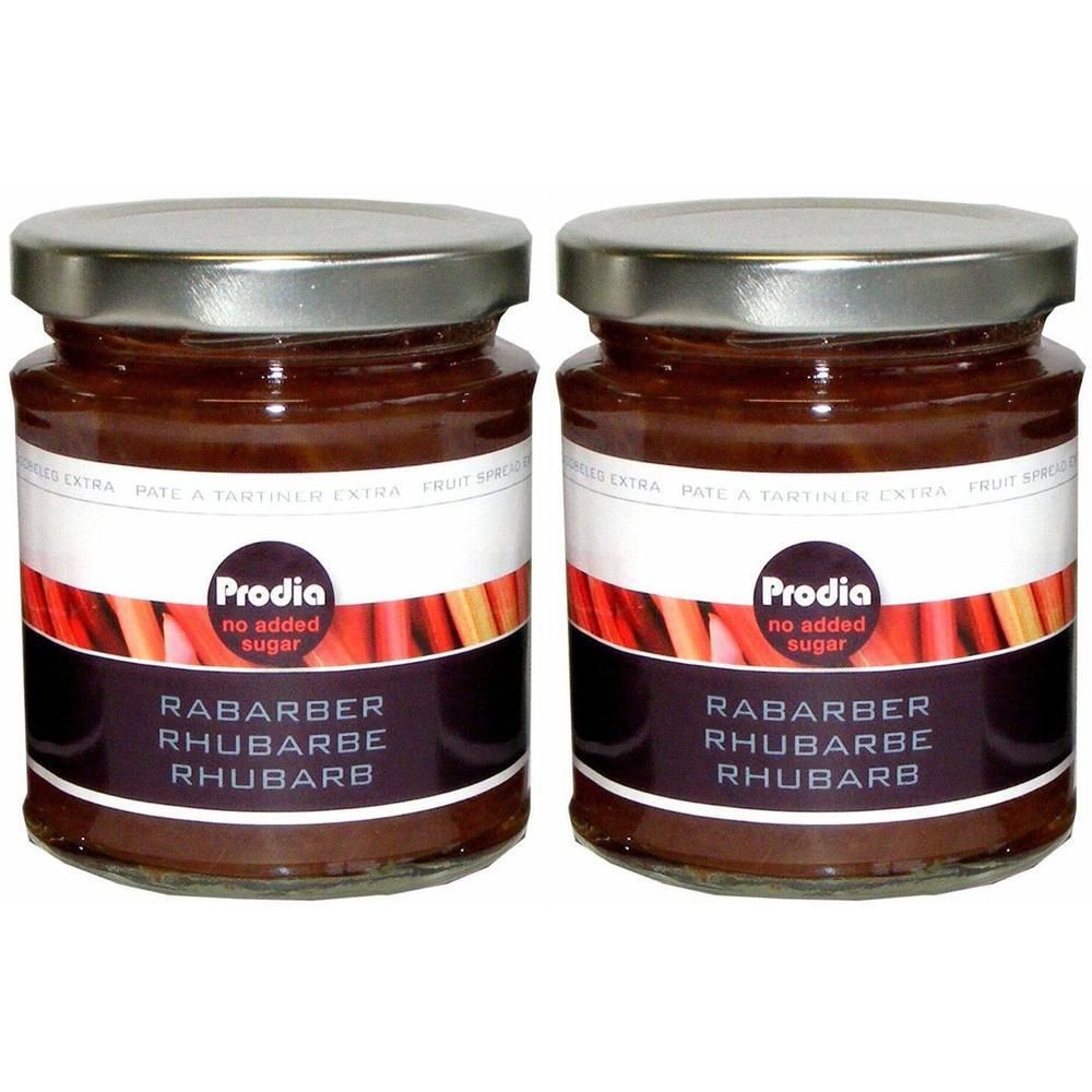 Twee potten Prodia rabarber spread, zonder toegevoegde suikers.