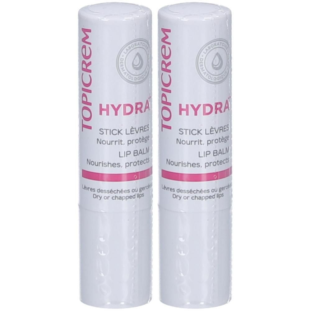 Twee Topicrem Hydra lippenbalsemstiften voor droge of gebarsten lippen.