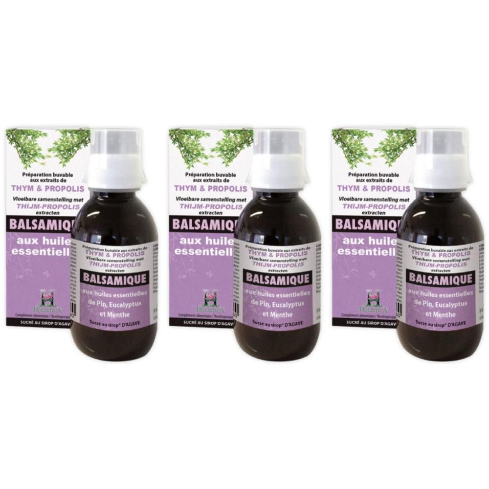 Trois flacons de Balsamique aux extraits de thym et propolis, huiles essentielles de pin, eucalyptus et menthe.