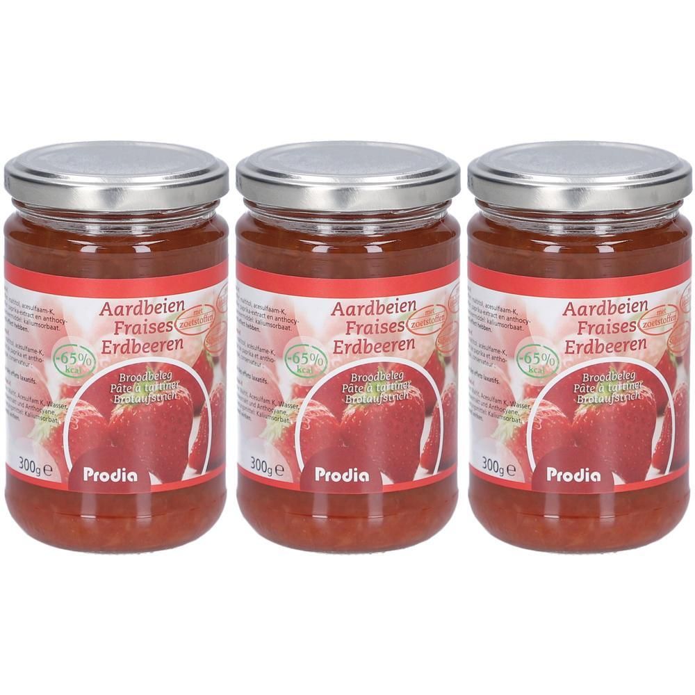 Drie potten aardbeienjam met maltitol van Prodia, elk 300g.