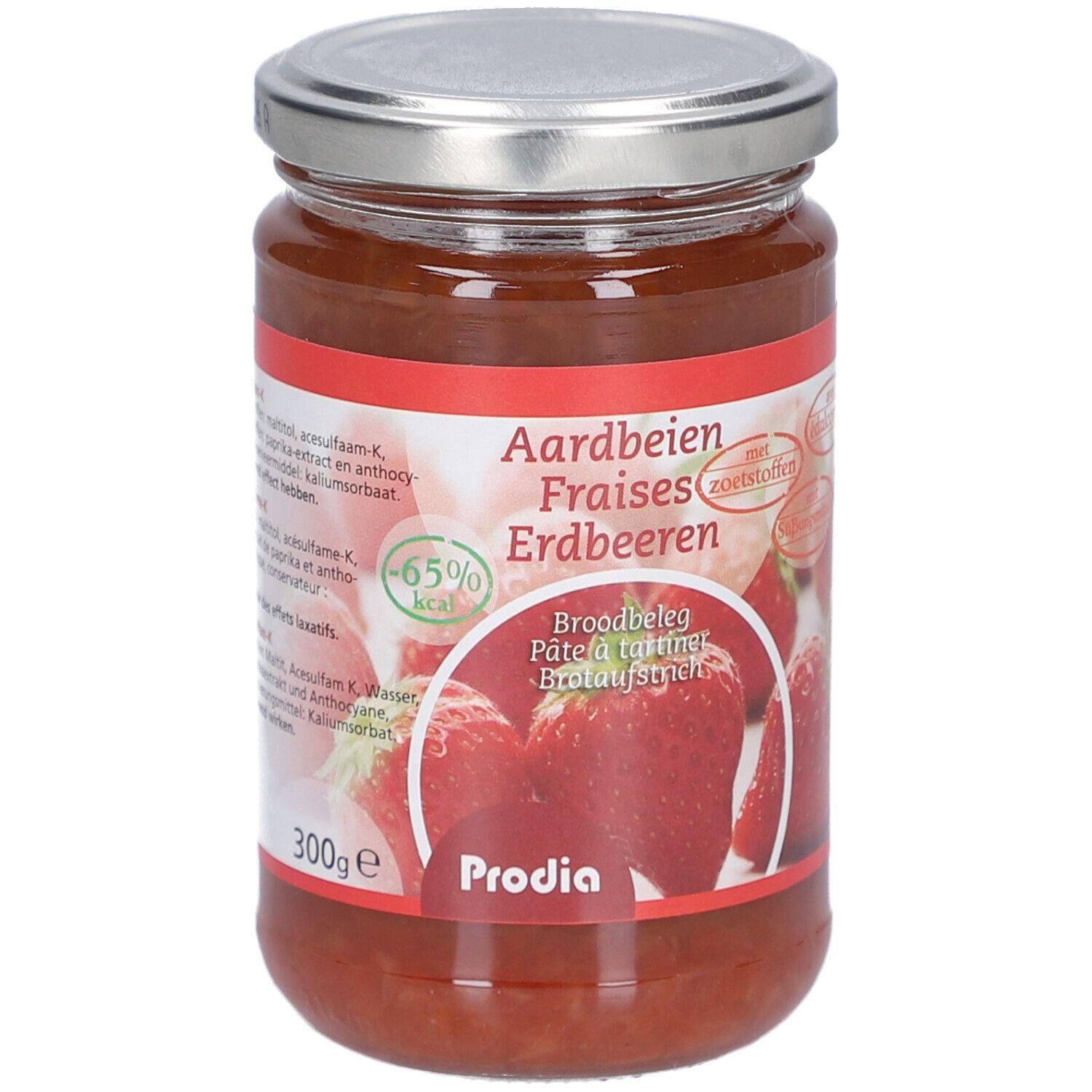 Pot aardbeienjam met maltitol, 300g. Bevat 65% minder calorieën.