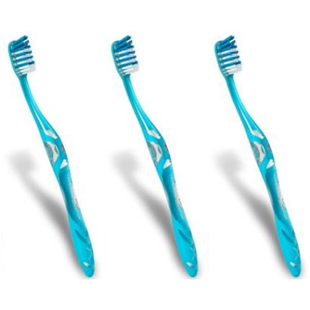 Drie turquoise tandenborstels met blauwe borstels en een ergonomische grip.