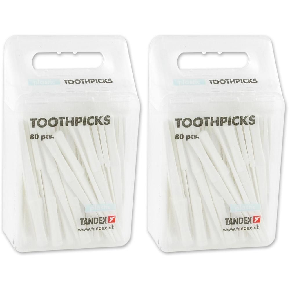 Twee pakken Tandex tandenstokers, elk 80 stuks. Transparante plastic houders met ophangbeugel.