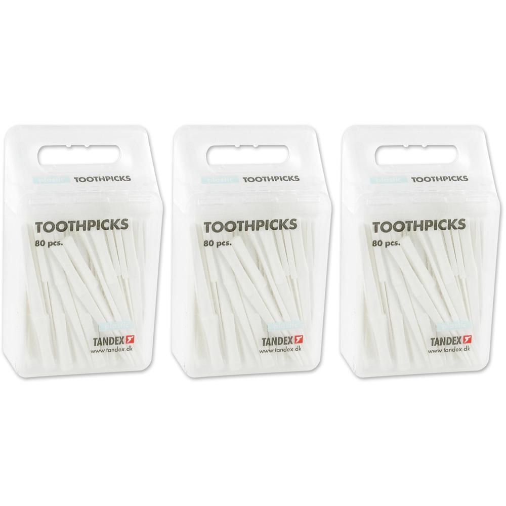 Drie pakken met elk 80 witte plastic tandenstokers van Tandex.
