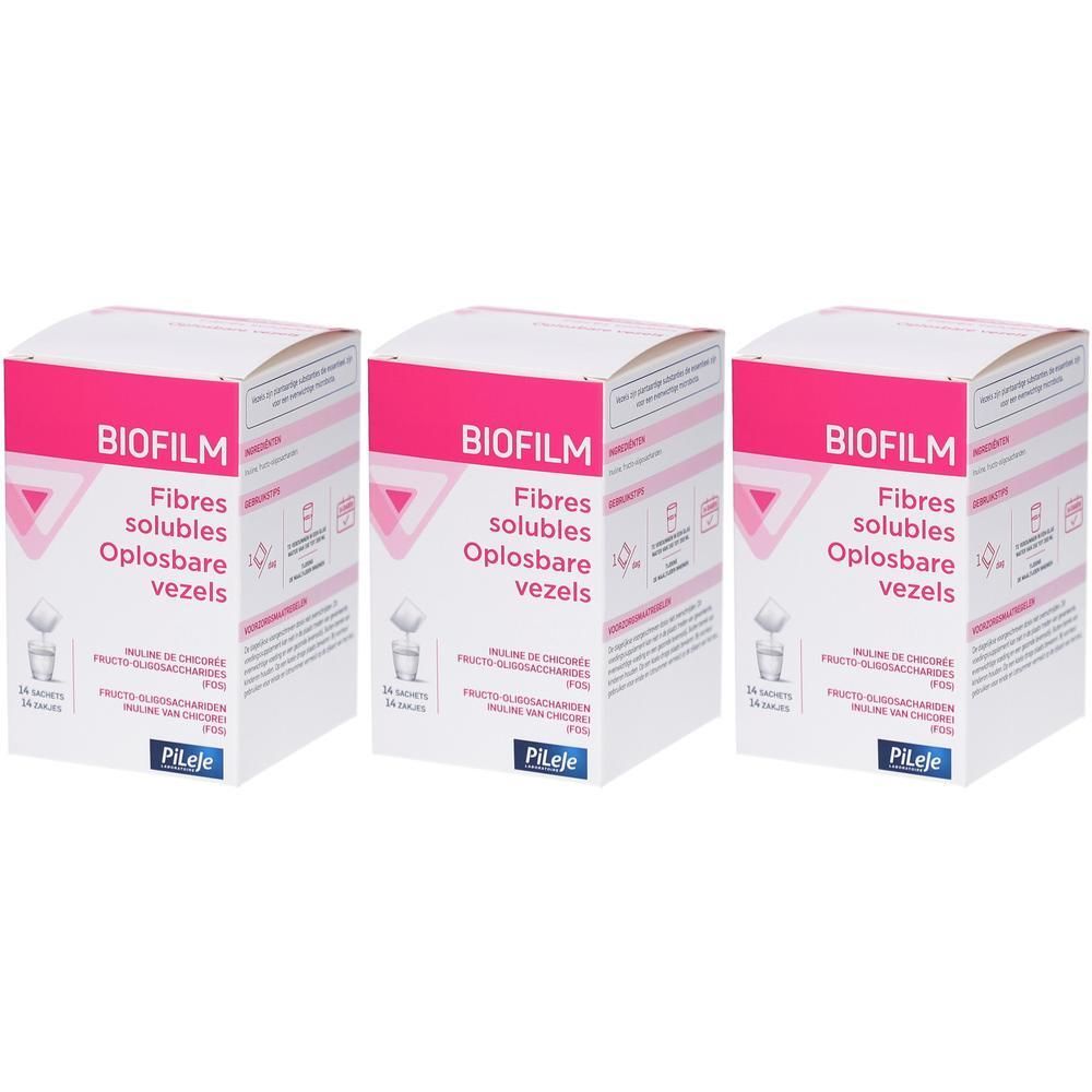 Trois boîtes de Biofilm fibres solubles. Chaque boîte contient 24 sachets.