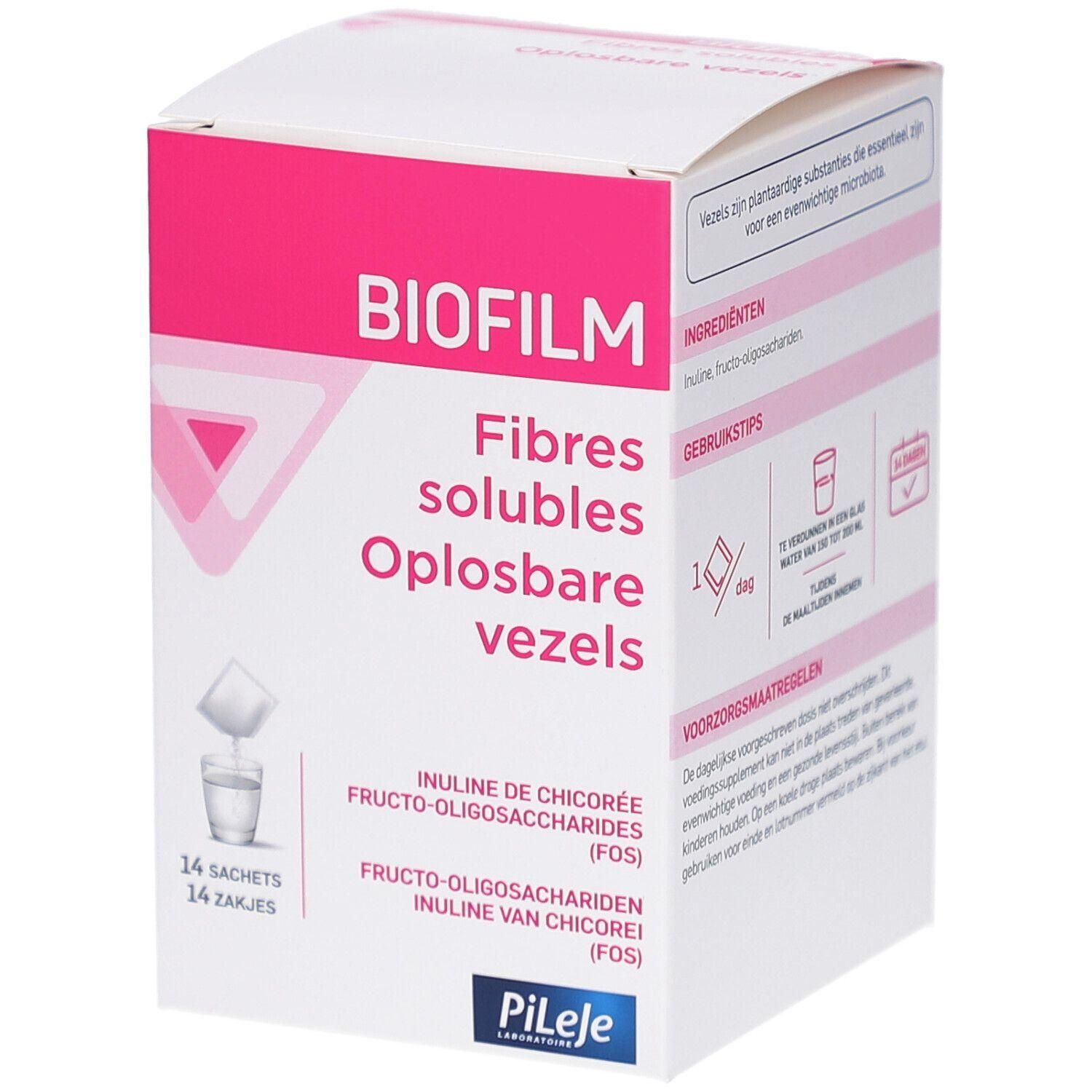 Boîte de 14 sachets Biofilm fibres solubles, inuline de chicorée et fructo-oligosaccharides.