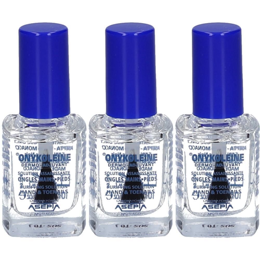 Trois flacons d'Onykoleïne avec bouchons bleus. Liquide clair avec étiquette.