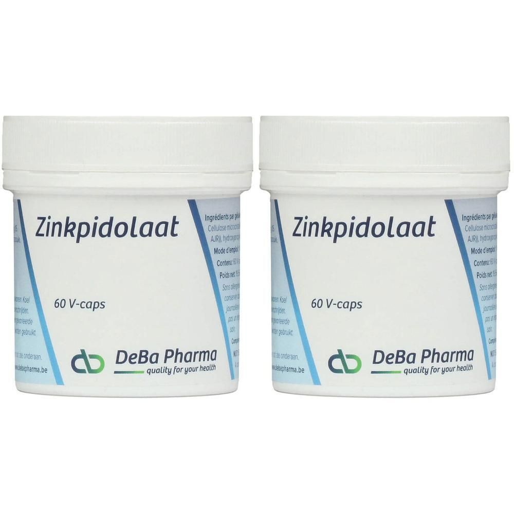 Deux pots de 60 capsules végétales de Pidolate de Zinc par DeBa Pharma.
