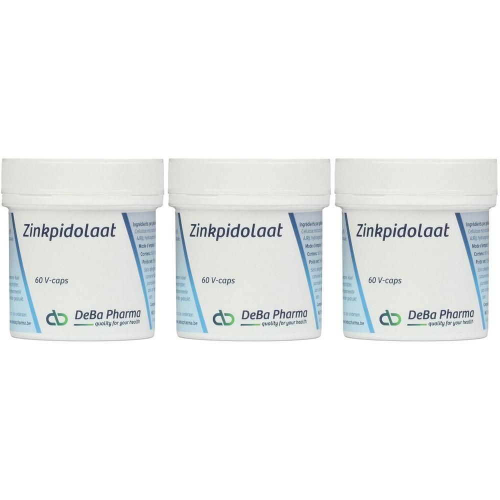 Trois contenants de capsules de Pidolate de Zinc, 60 V-capsules chacun, par DeBa Pharma.