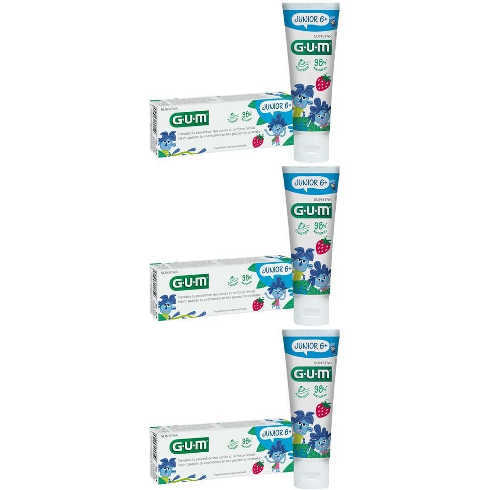 Trois tubes et boîtes de dentifrice GUM Junior 6+ avec motifs de fraises et de fleurs.
