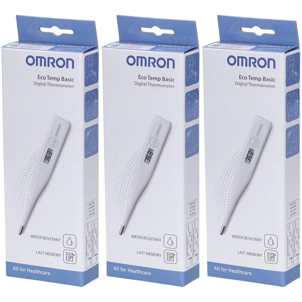 Thermomètre digital Omron Eco Temp Basic blanc, avec écran numérique et résistant à l'eau.