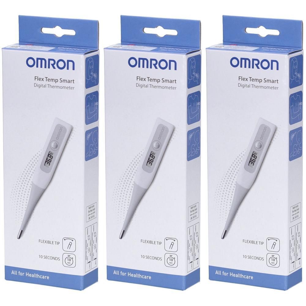 Thermomètre digital Omron Flex Temp Smart blanc, embout flexible, affichage numérique.