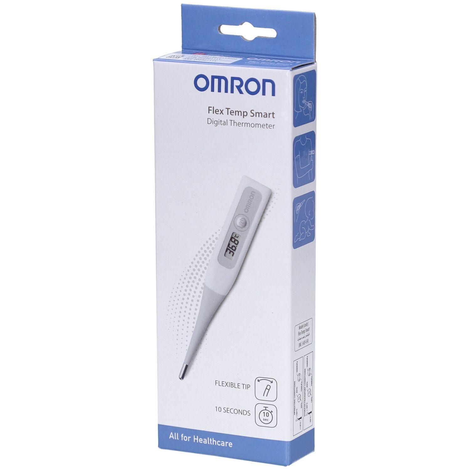 Thermomètre numérique Omron Flex Temp Smart sur son emballage. Indique une pointe flexible et un temps de mesure de 10 secondes.