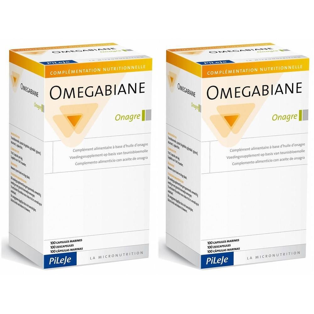 Twee verpakkingen Omegabiane Onagre voedingssupplement.