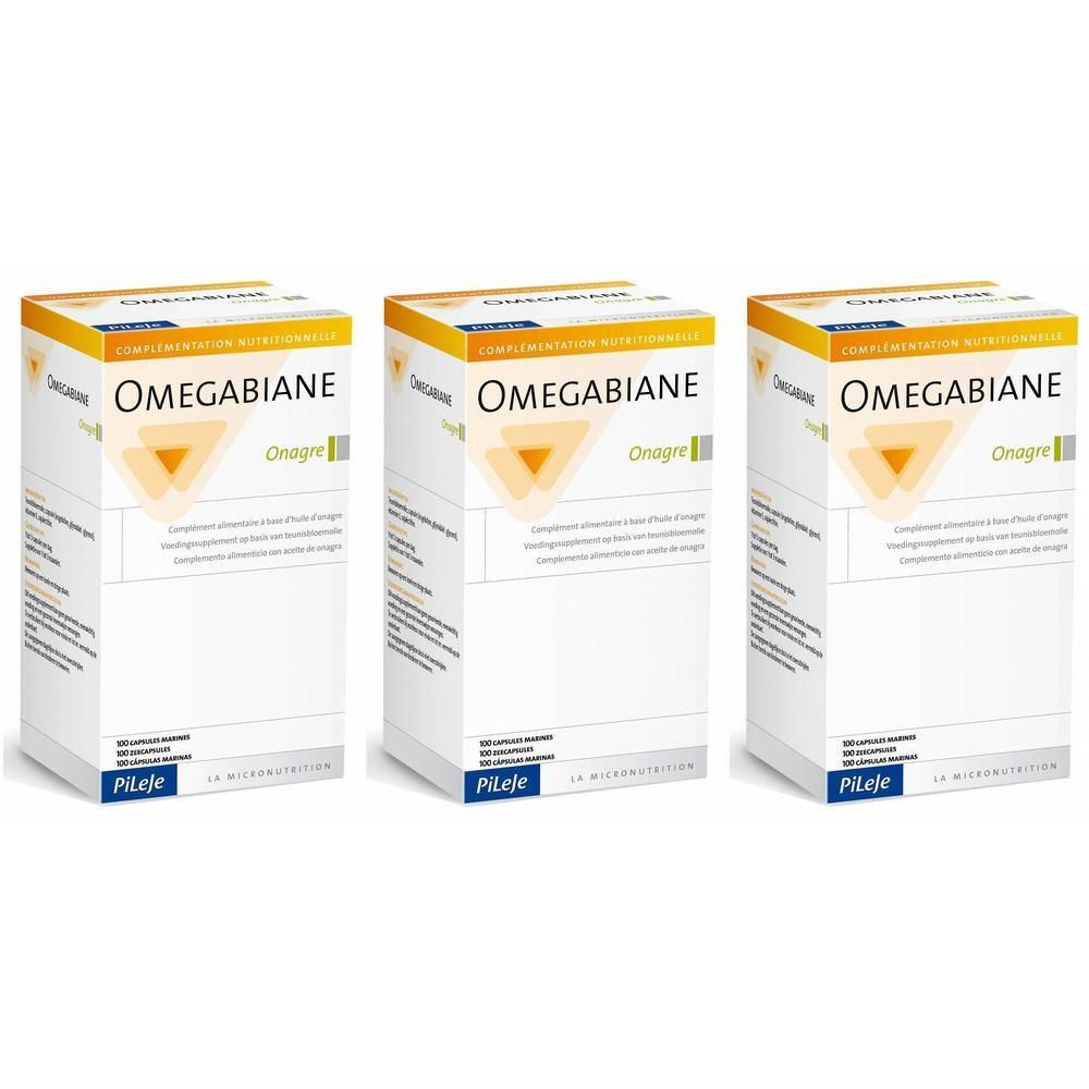Drie verpakkingen Omegabiane Onagre van Pileje. Witte dozen met oranje en geel design.