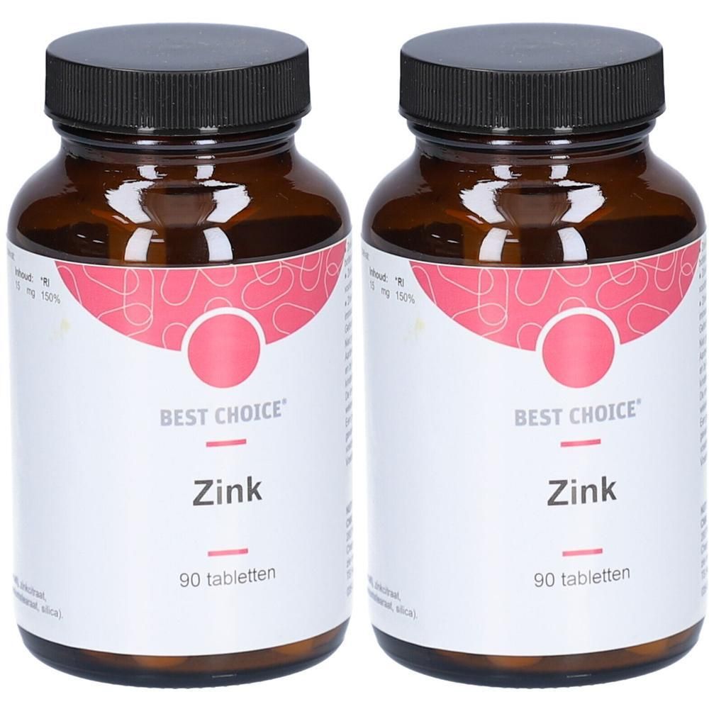 Twee flessen Best Choice Zink tabletten, 90 stuks per stuk.