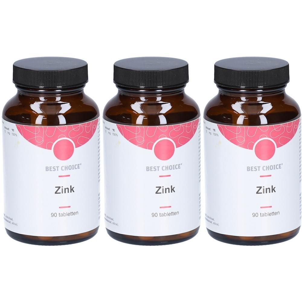 Trois flacons en verre brun avec bouchons noirs, chacun étiqueté 'BEST CHOICE Zink 90 Tabletten'.