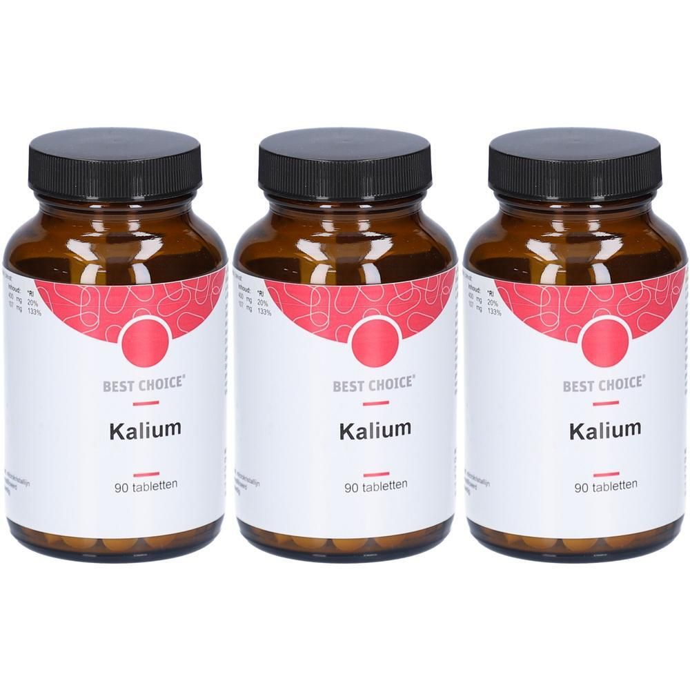 Drie bruine glazen flessen met kaliumtabletten, Best Choice, 90 tabletten per fles.
