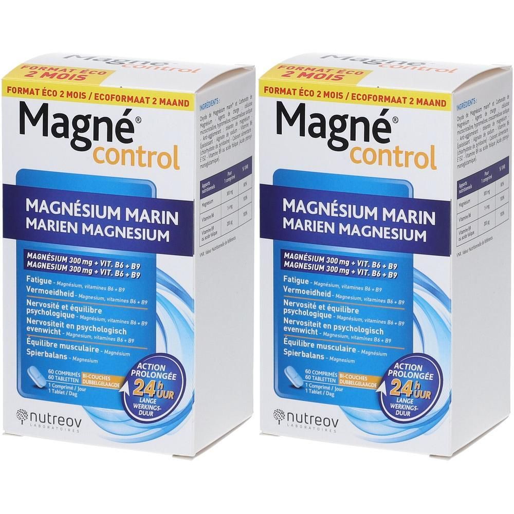 Twee pakken Nutreov Magnécontrol met 60 tabletten per pak. Bevat marien magnesium en vitamine B6.